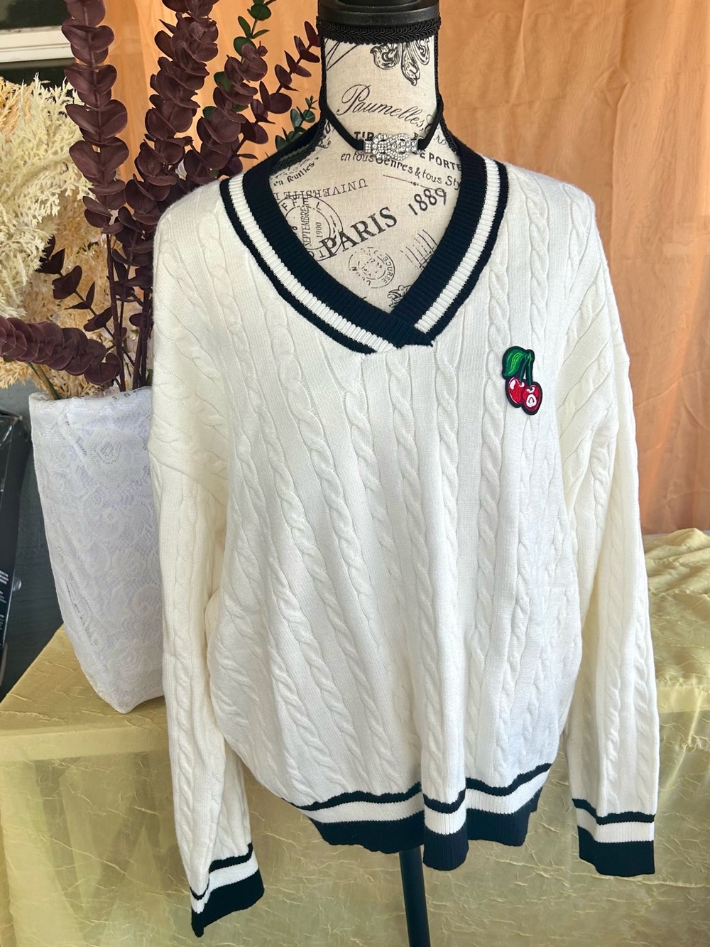 Aelfric Eden White-Knit V-Neck Sweater with Cherry Patch